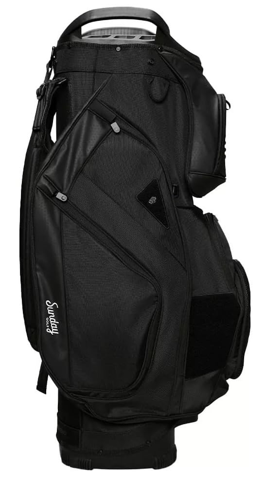 Black golf bag with a visible brand logo on a white background