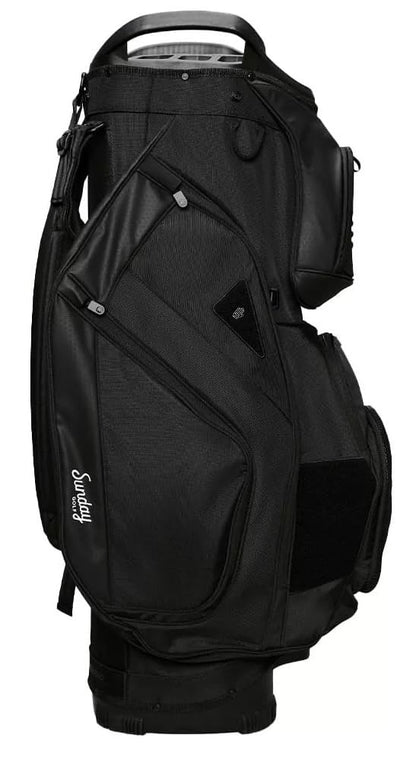 Black golf bag with a visible brand logo on a white background