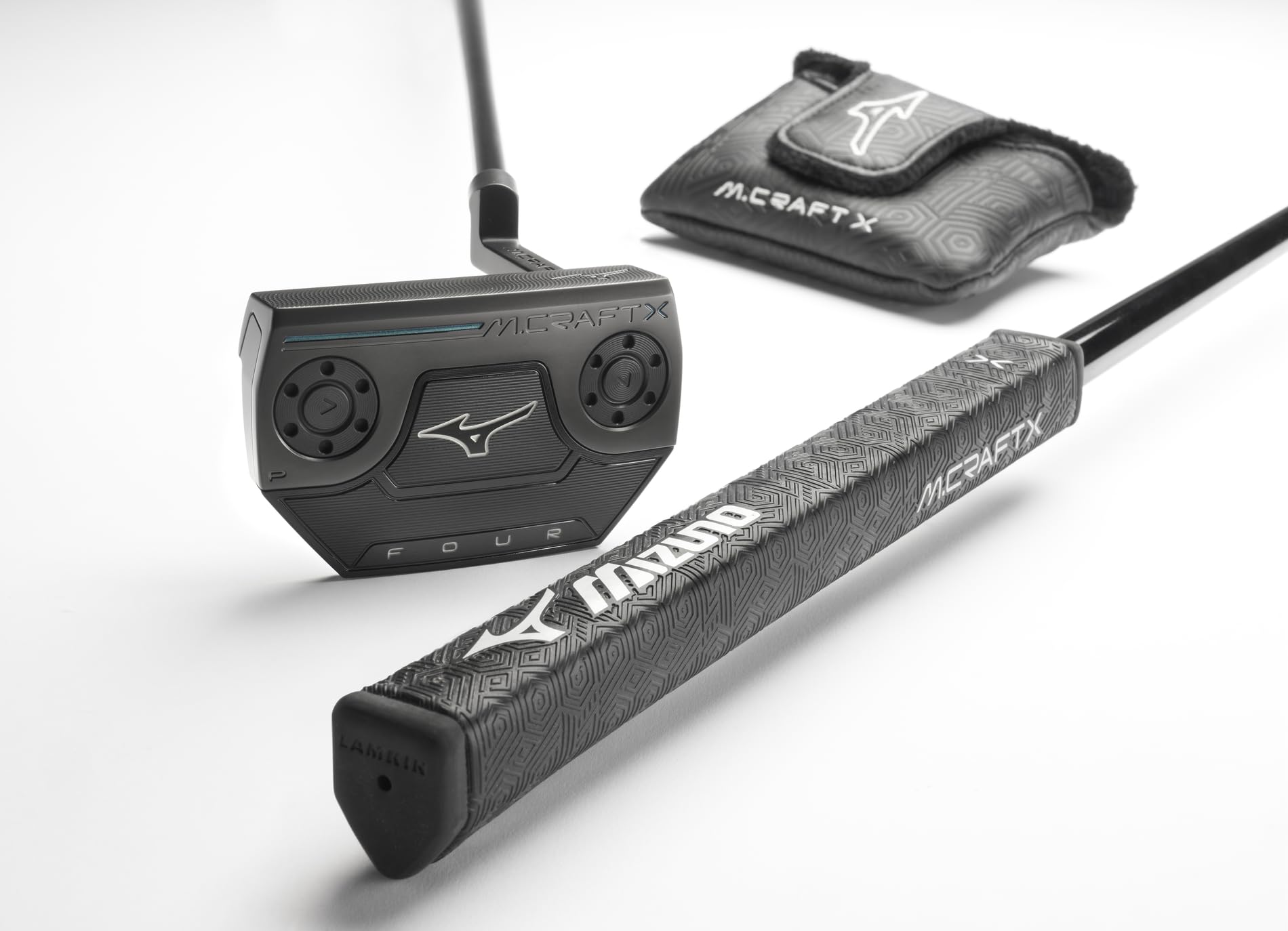 Product image of Mizuno M Craft X golf putter, grip and headcover on a white background