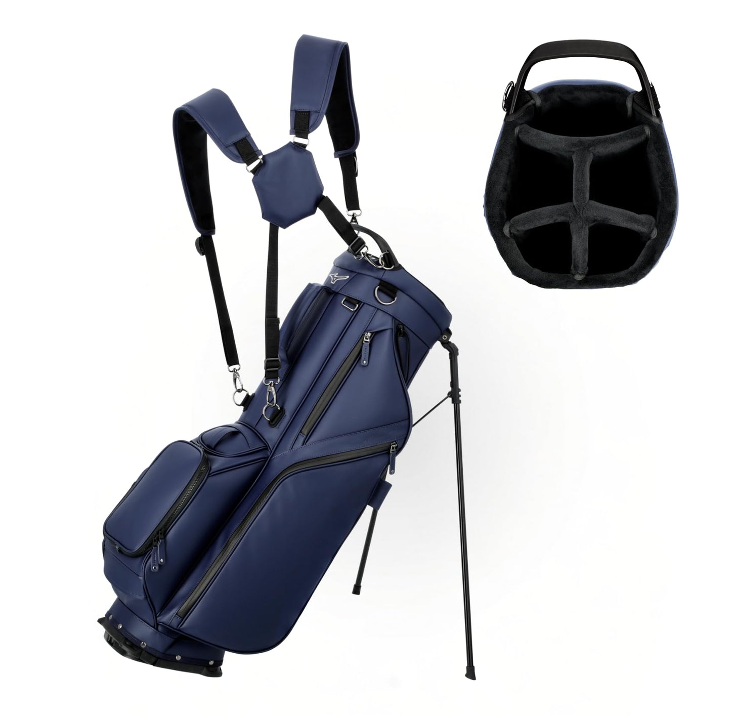 Navy blue golf bag with stand and black helmet on a white background