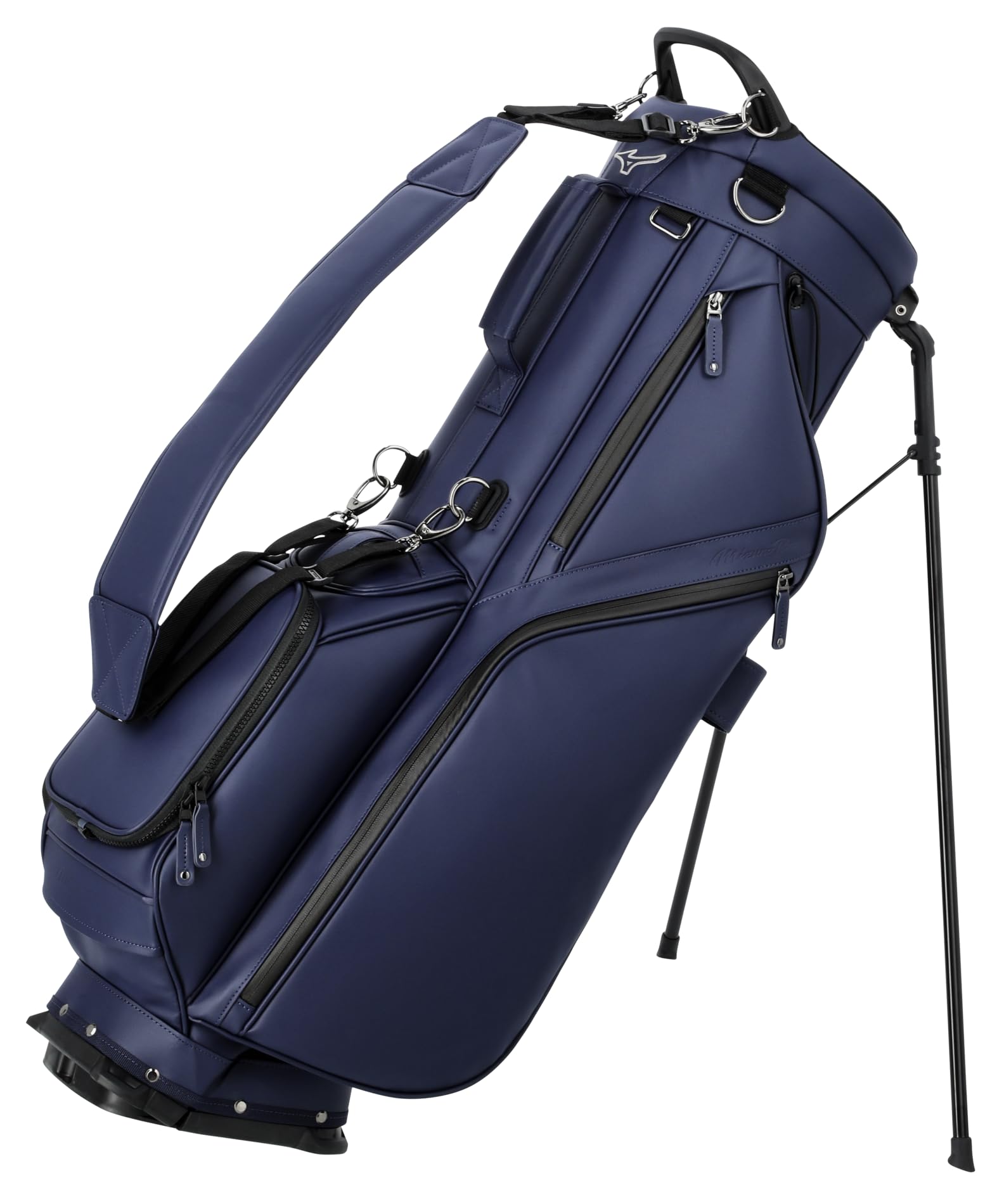 Navy blue golf bag with black accents on a white background