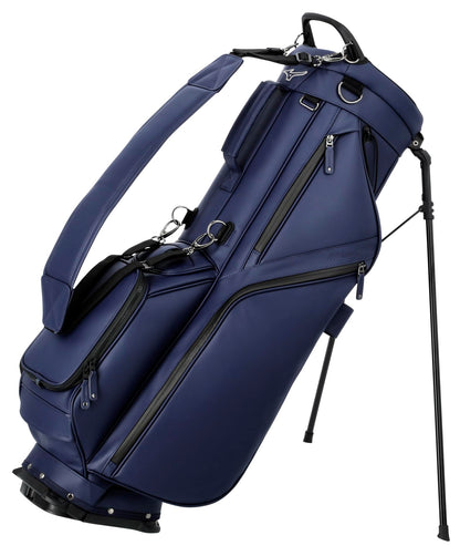 Navy blue golf bag with black accents on a white background