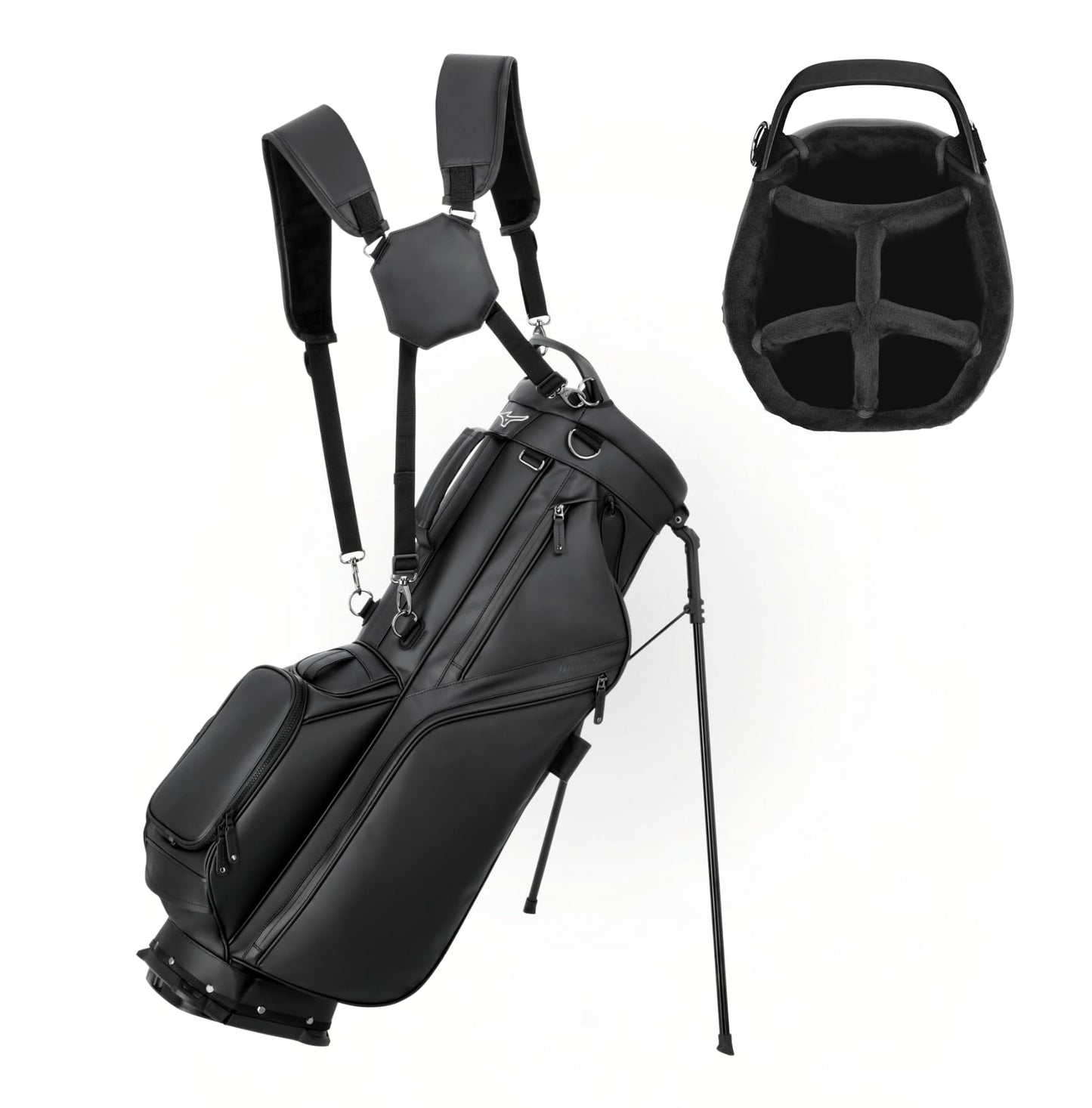 Black golf bag with stand and helmet on a white background