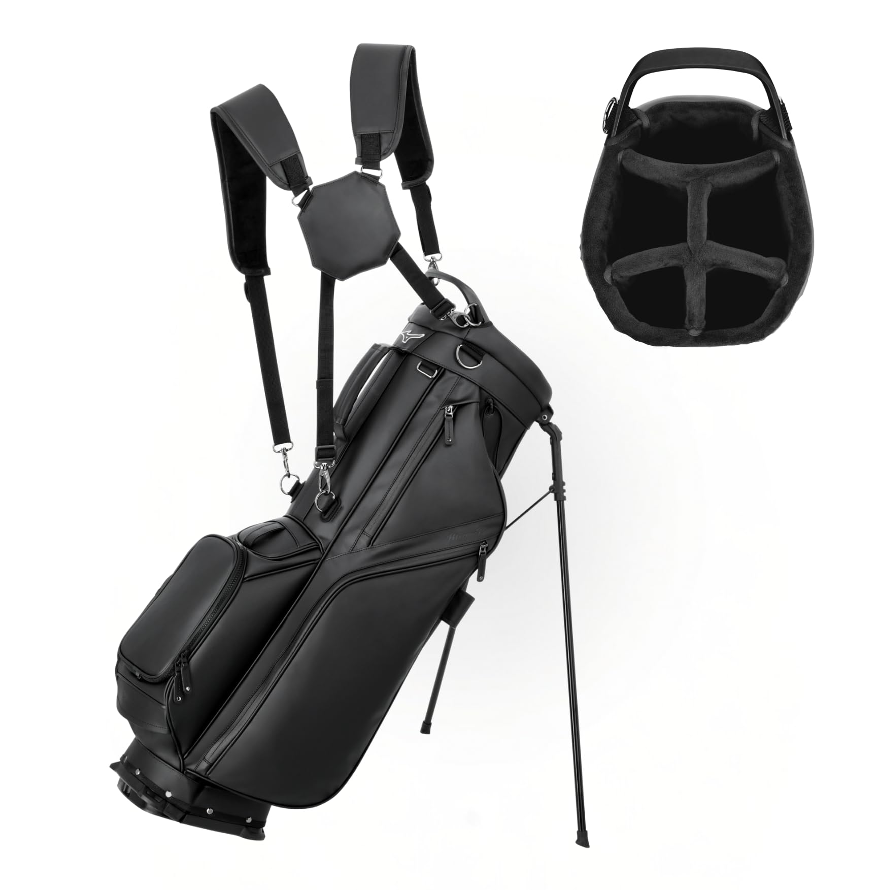 Black golf bag with stand and helmet on a white background