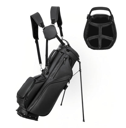 Black golf bag with stand and helmet on a white background