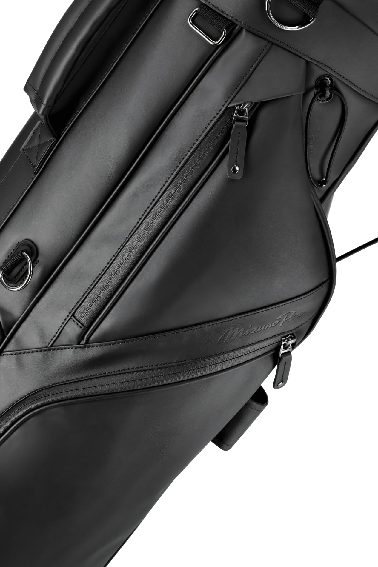Close-up of a black golf bag with visible branding on a white background