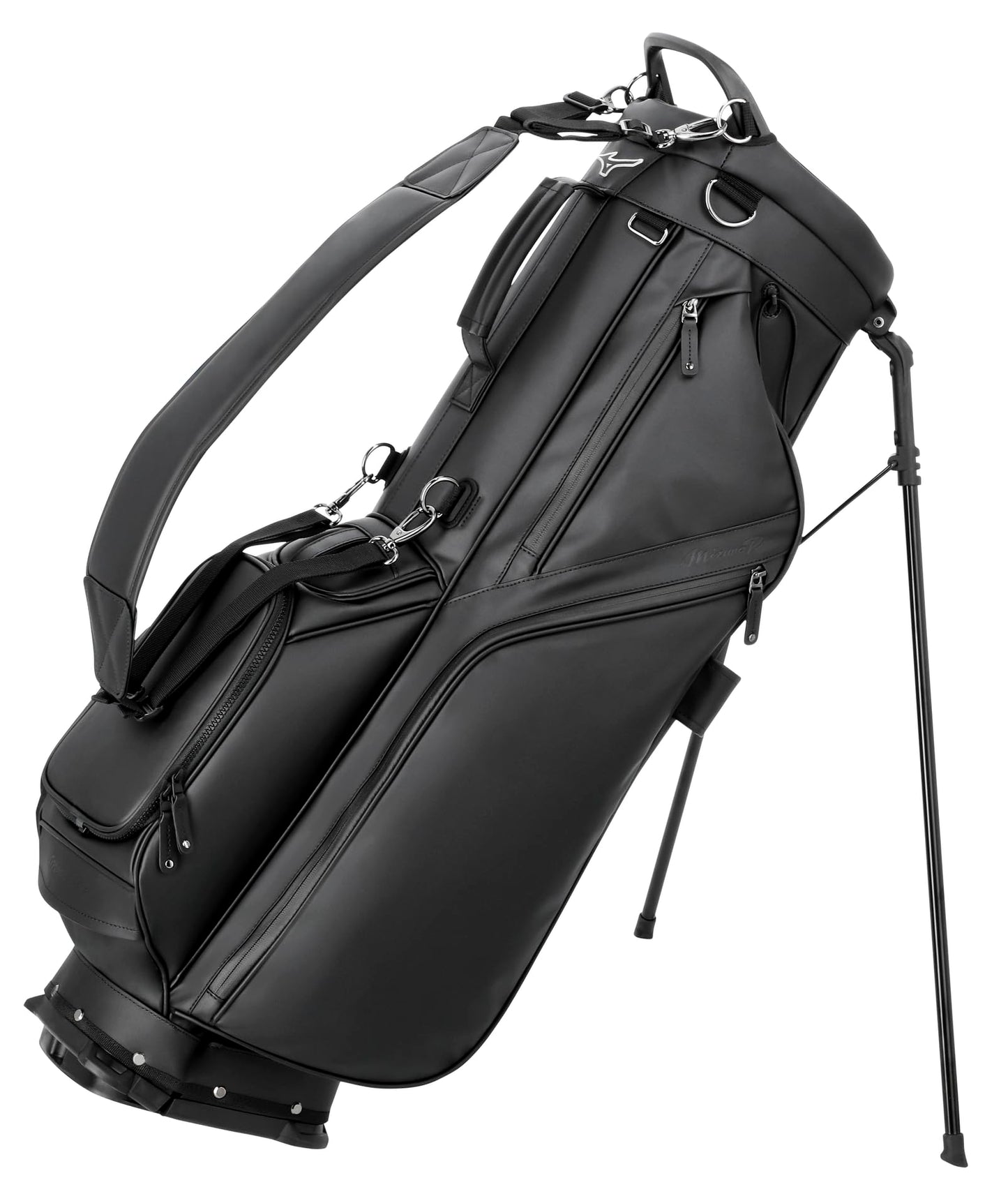 Black golf bag with stand on a white background