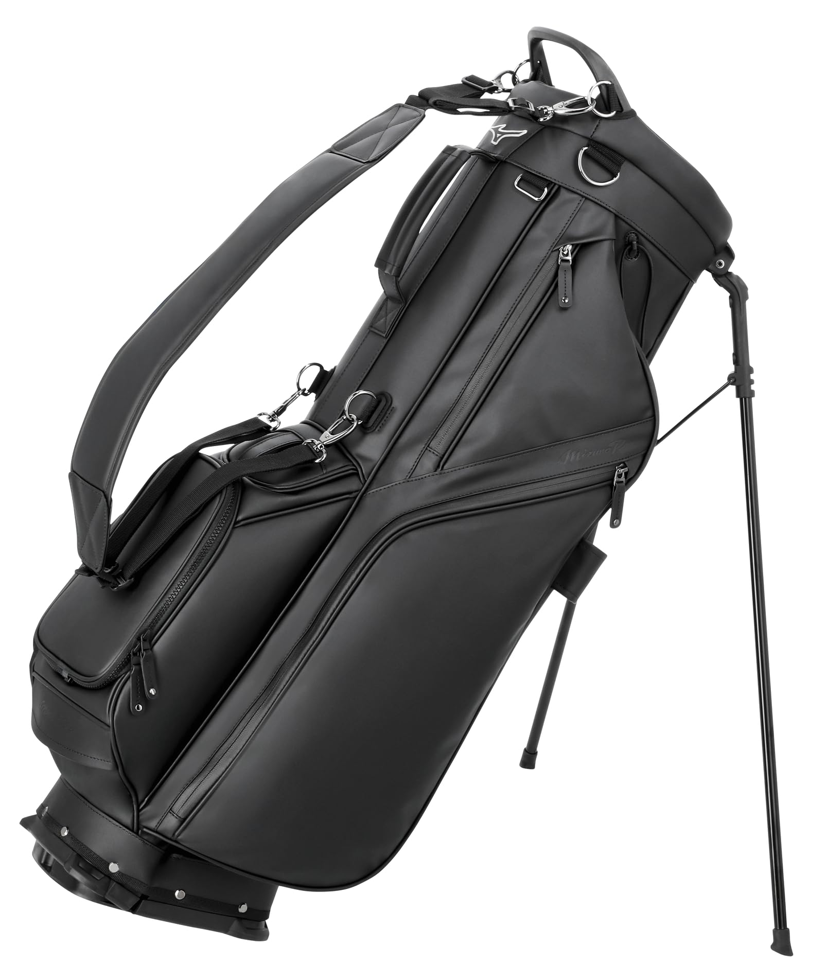 Black golf bag with stand on a white background
