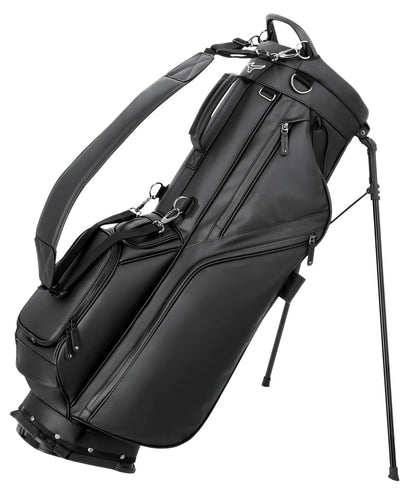 Black golf bag with stand on a white background