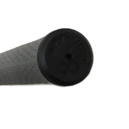 Close-up of a black and gray textured golf grip on a white background