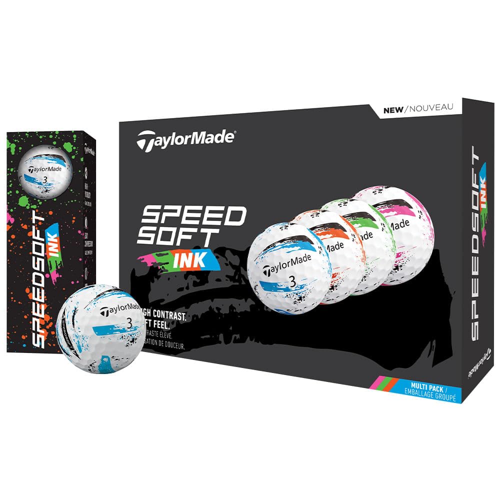 An image of NEW TaylorMade SpeedSoft Ink Golf Balls Multi 1 Dozen on a white background