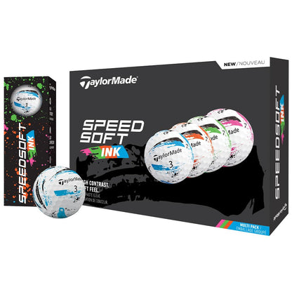 An image of NEW TaylorMade SpeedSoft Ink Golf Balls Multi 1 Dozen on a white background