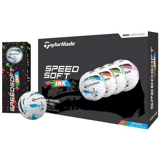An image of NEW TaylorMade SpeedSoft Ink Golf Balls Multi 1 Dozen on a white background
