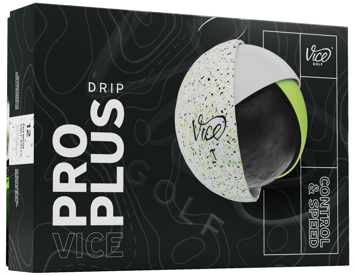 Vice golf ball packaging with a black and white design