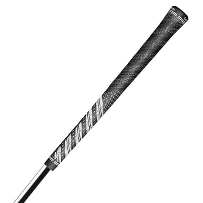 Golf club shaft with patterned grip on a white background
