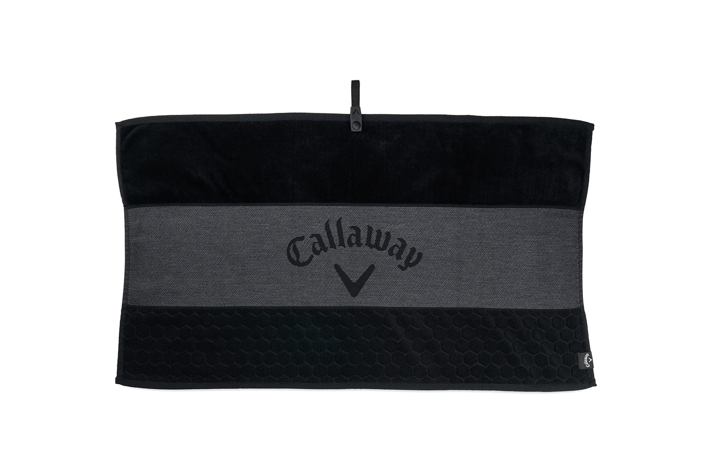 Black and gray Callaway towel on a white background