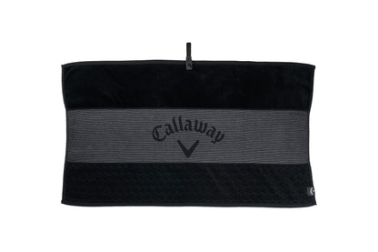 Black and gray Callaway towel on a white background