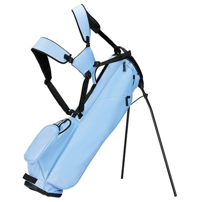 Light blue golf bag with black straps on a white background