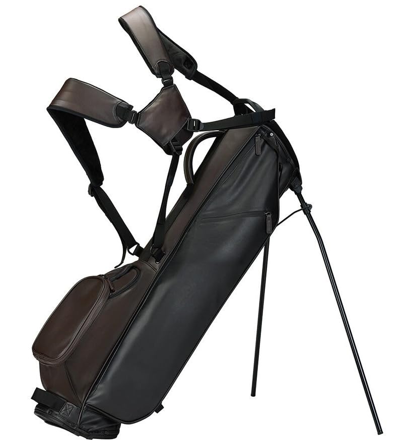 Black golf bag with stand on a white background