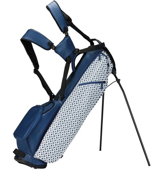 Blue and white golf bag with stand on a white background