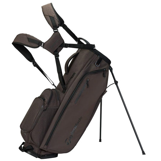 Brown golf bag with stand on a white background