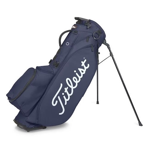Navy blue golf bag with Titleist logo on a white background