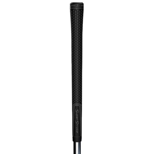 Black golf club grip with 'SuperStroke' branding on a white background