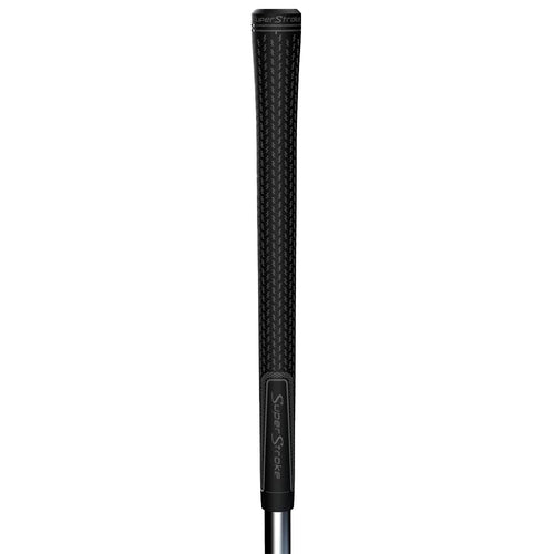 Black golf club grip with a brand logo on a white background