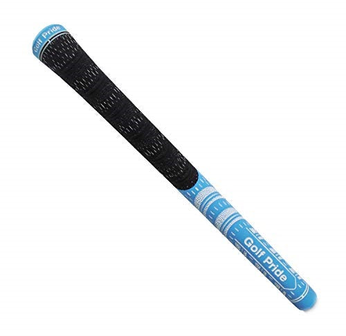 Golf club grip with black and blue design on a white background