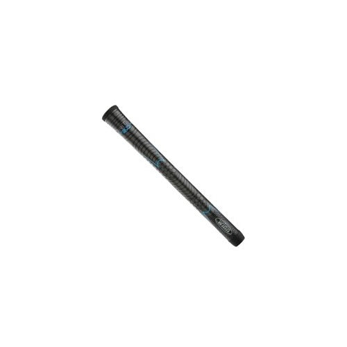 Black golf club grip with blue branding on a white background