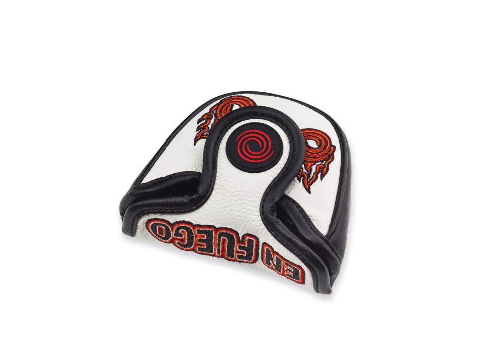 Golf club head cover with red and black design on a white background