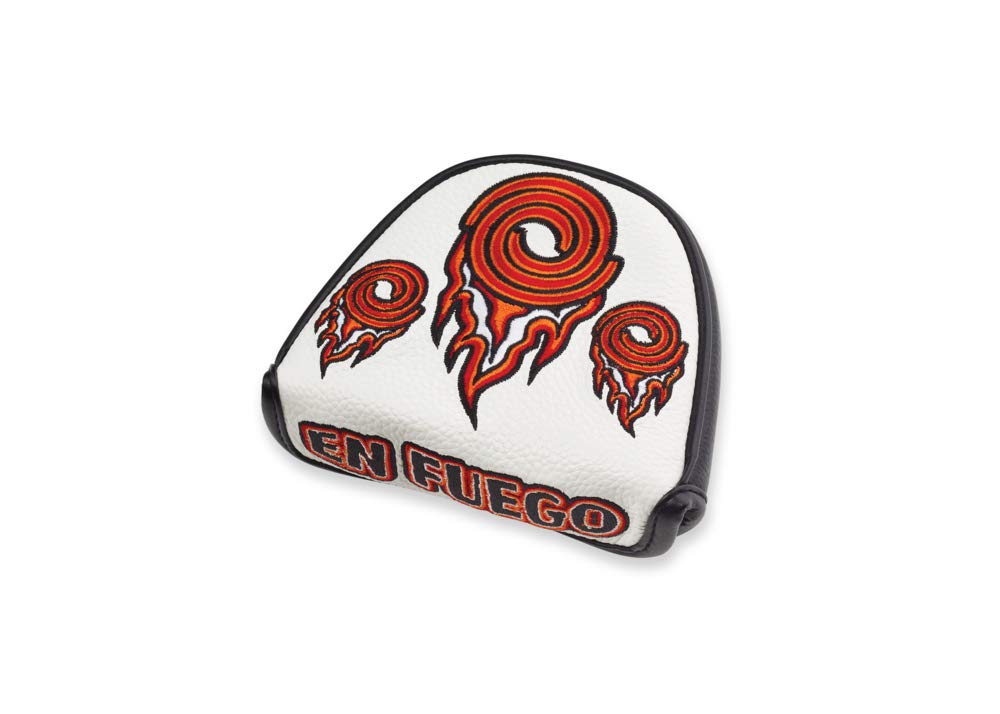 Golf club head cover with red designs and 'En Fuego' text on a white background
