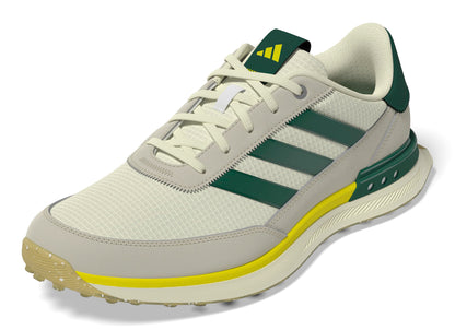 Gray Adidas shoe with green stripes on a white background