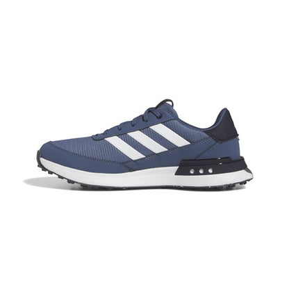 Blue Adidas sneaker with white stripes on a white background