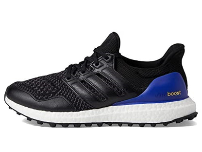 Black and blue running shoe with 'ultra boost' technology on a white background