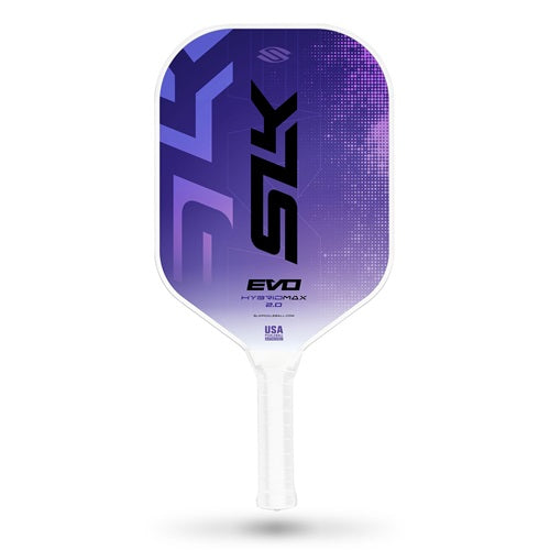 Purple pickleball paddle with brand logo on a white background
