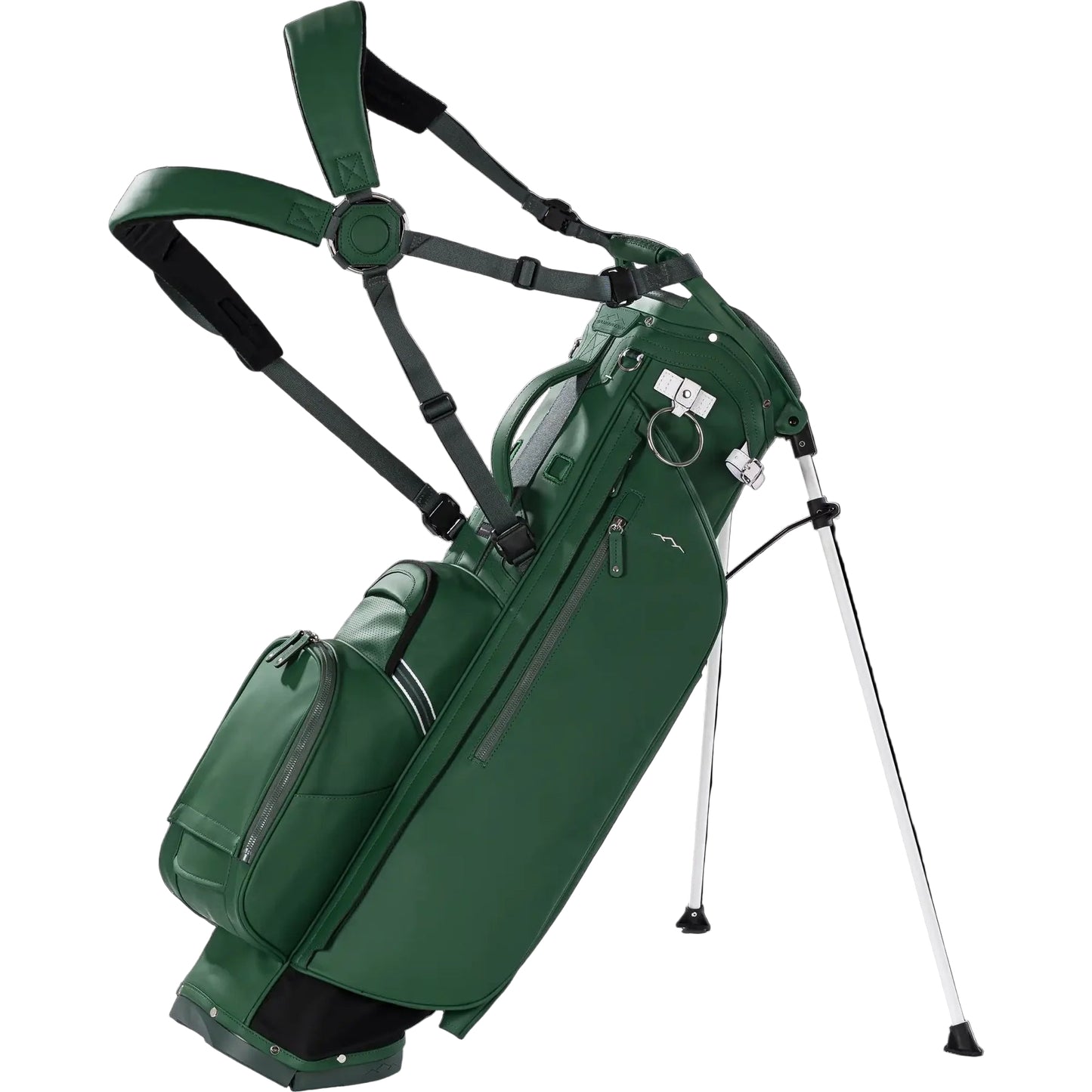 Green golf bag with stand on a white background