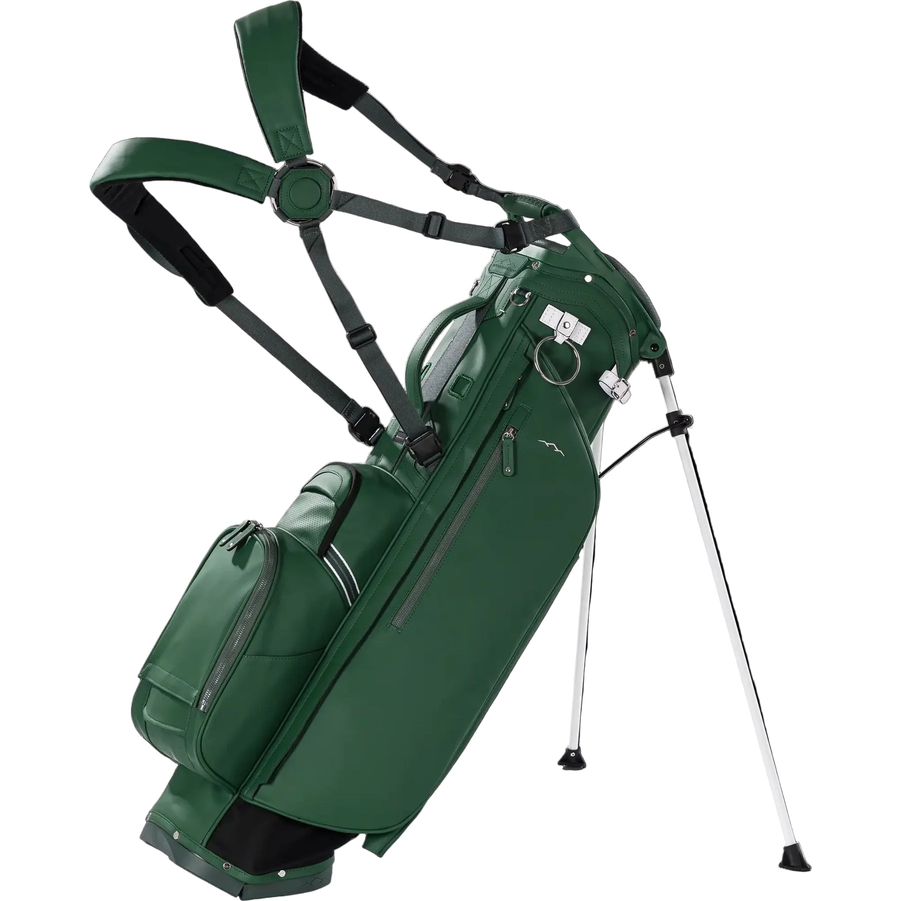 Green golf bag with stand on a white background