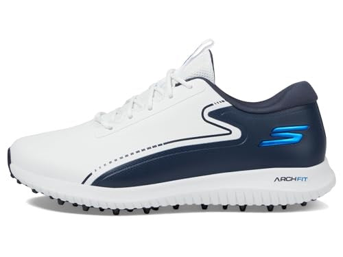 An image of Skechers Go Golf Max 3 Golf Shoes - White / Navy Blue - 10 on a white background