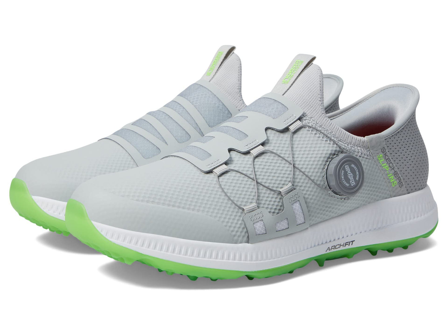 An image of Skechers Go Golf Elite 5 Slip 'In Golf Shoes - Gray / Lime - Extra Wide - 8.5 on a white background