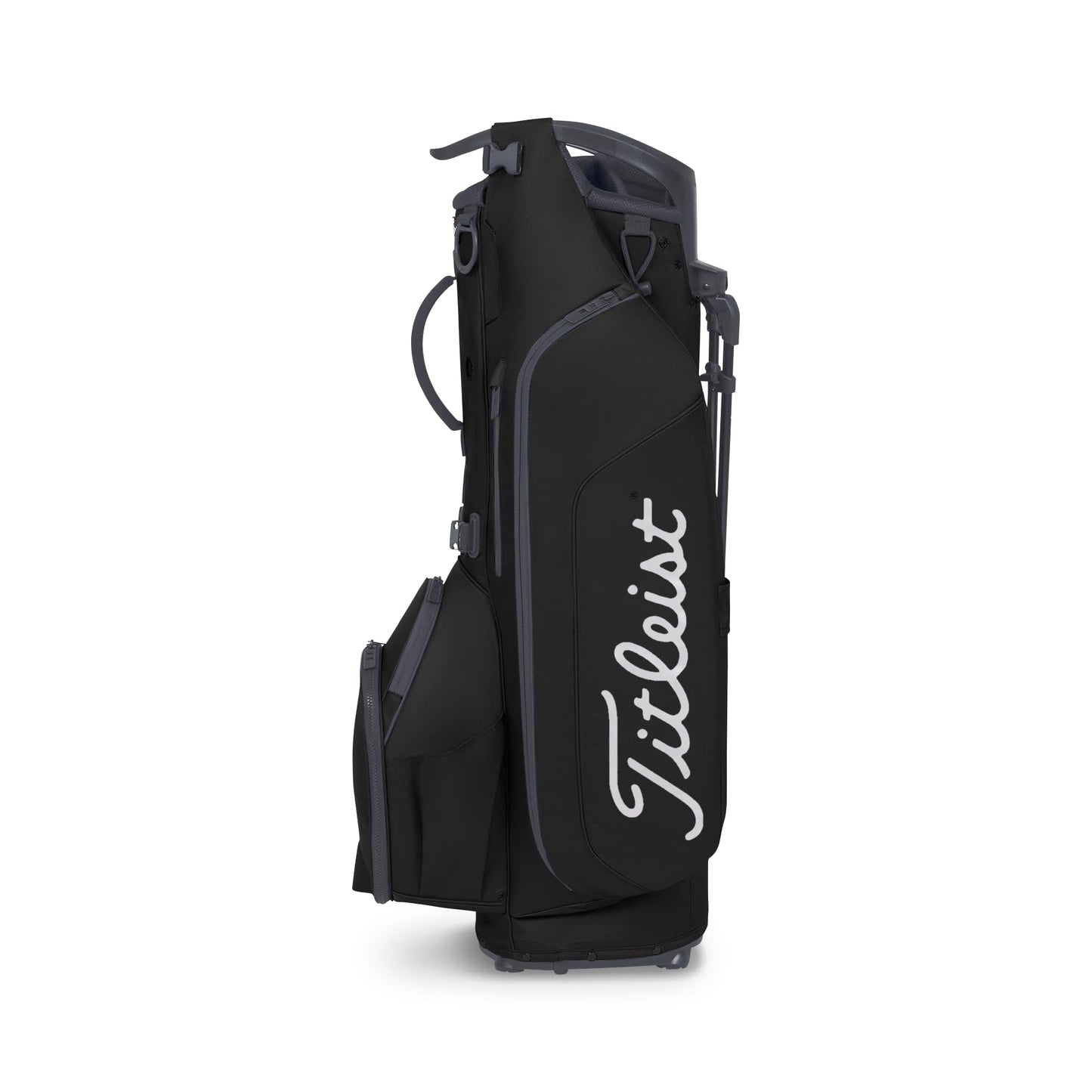 Black golf bag with Titleist logo on a white background