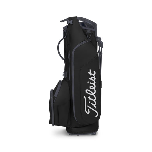 Black golf bag with Titleist logo on a white background