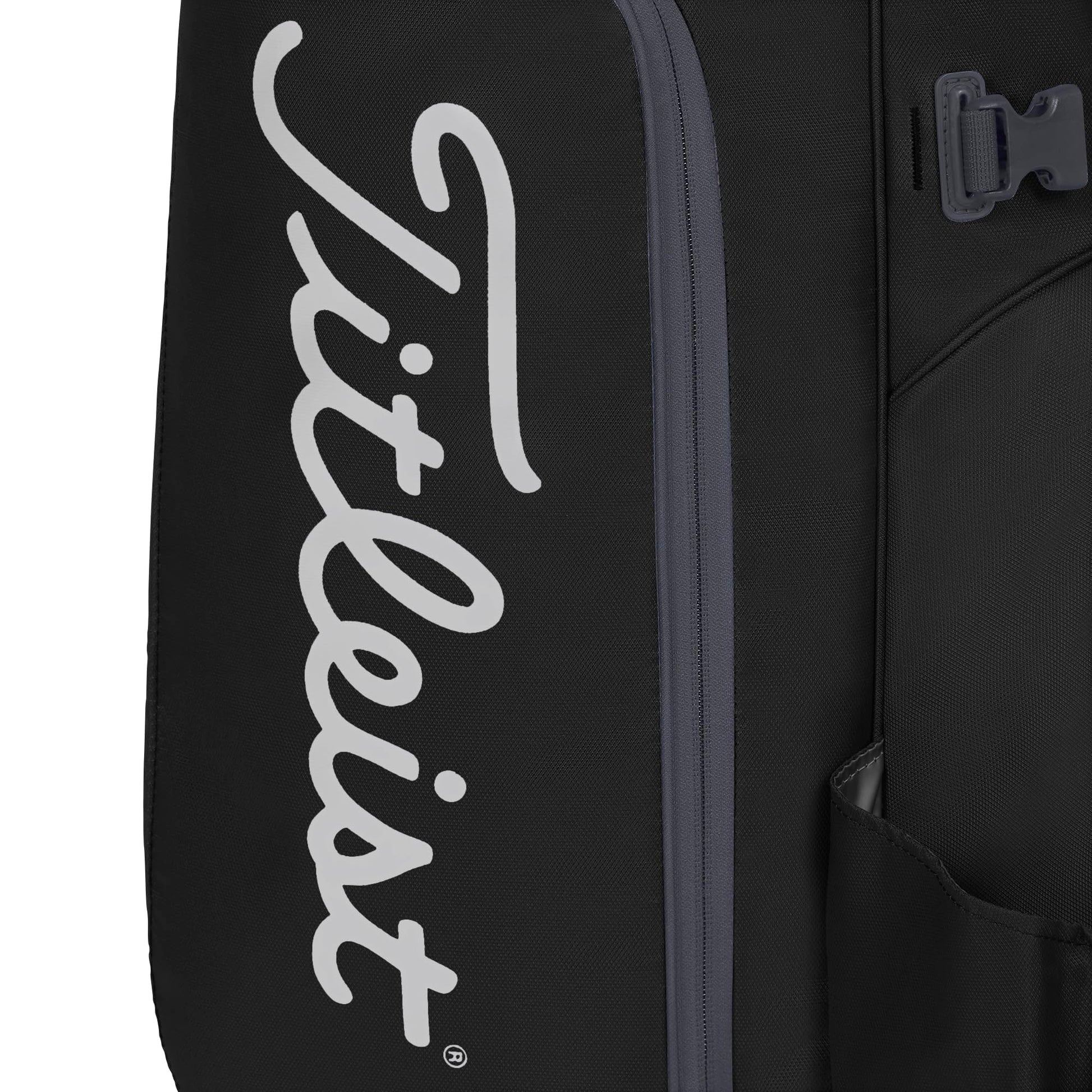 Black golf bag with white 'Titleist' logo on a white background