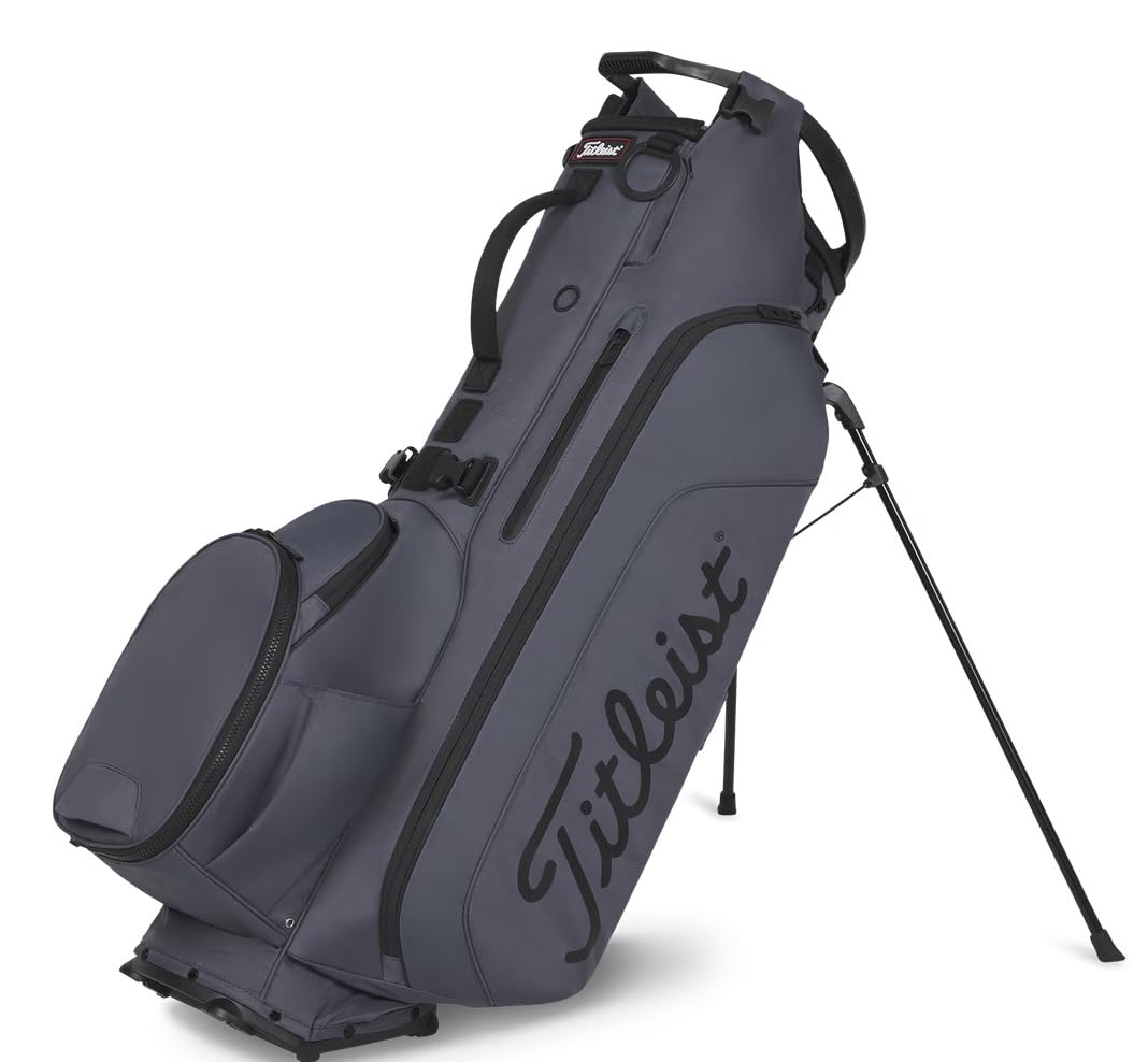 Gray golf bag with black accents and 'Titleist' branding on a white background