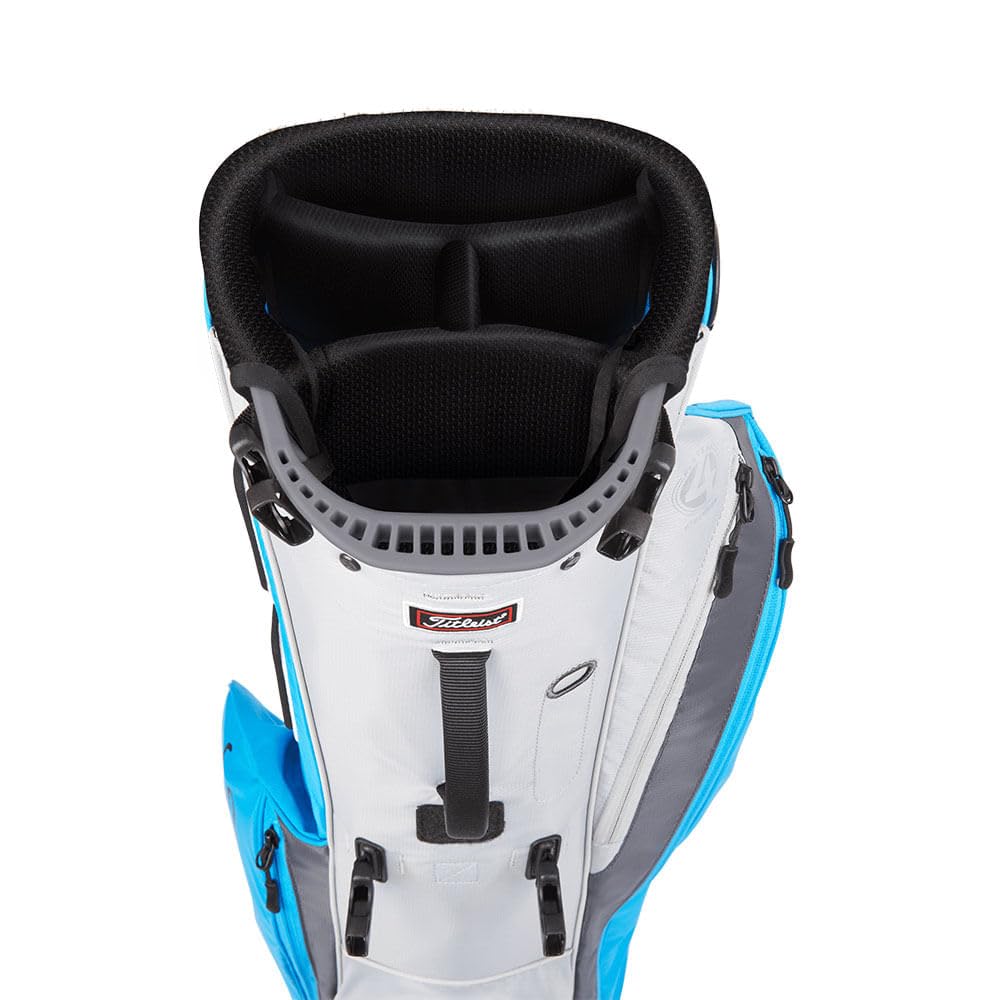 Golf bag with black interior and blue accents on a white background