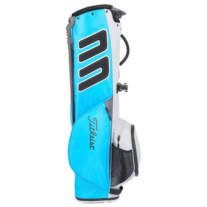 Blue and white golf bag with black accents on a white background