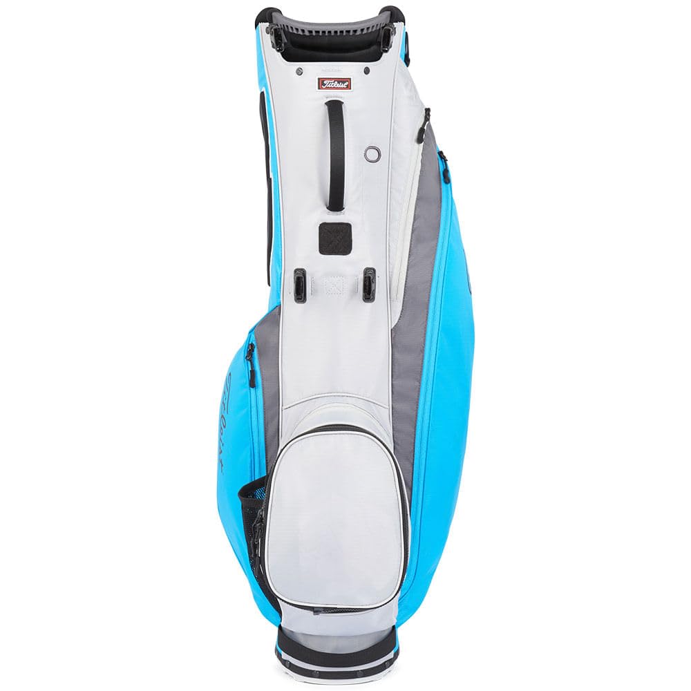 Golf bag with white, gray, and blue design on a white background