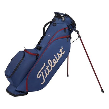 Blue golf bag with red accents and 'Titleist' branding on a white background