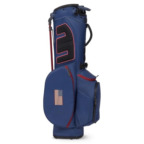 Blue golf bag with red accents on a white background