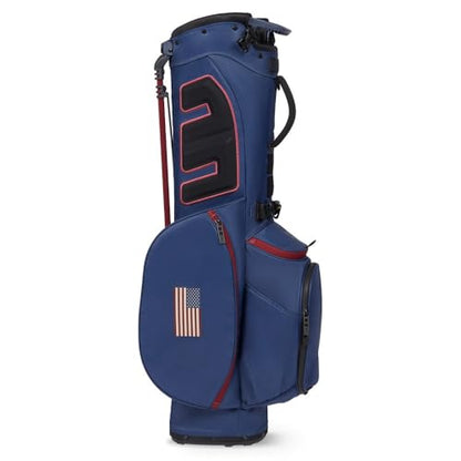 Blue golf bag with red accents on a white background